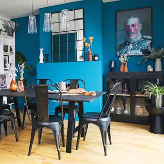 kitchen diner with blue walls
