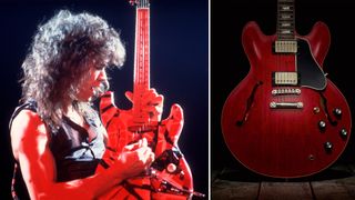 (left) Eddie Van Halen performs onstage, a Gibson ES-335 guitar