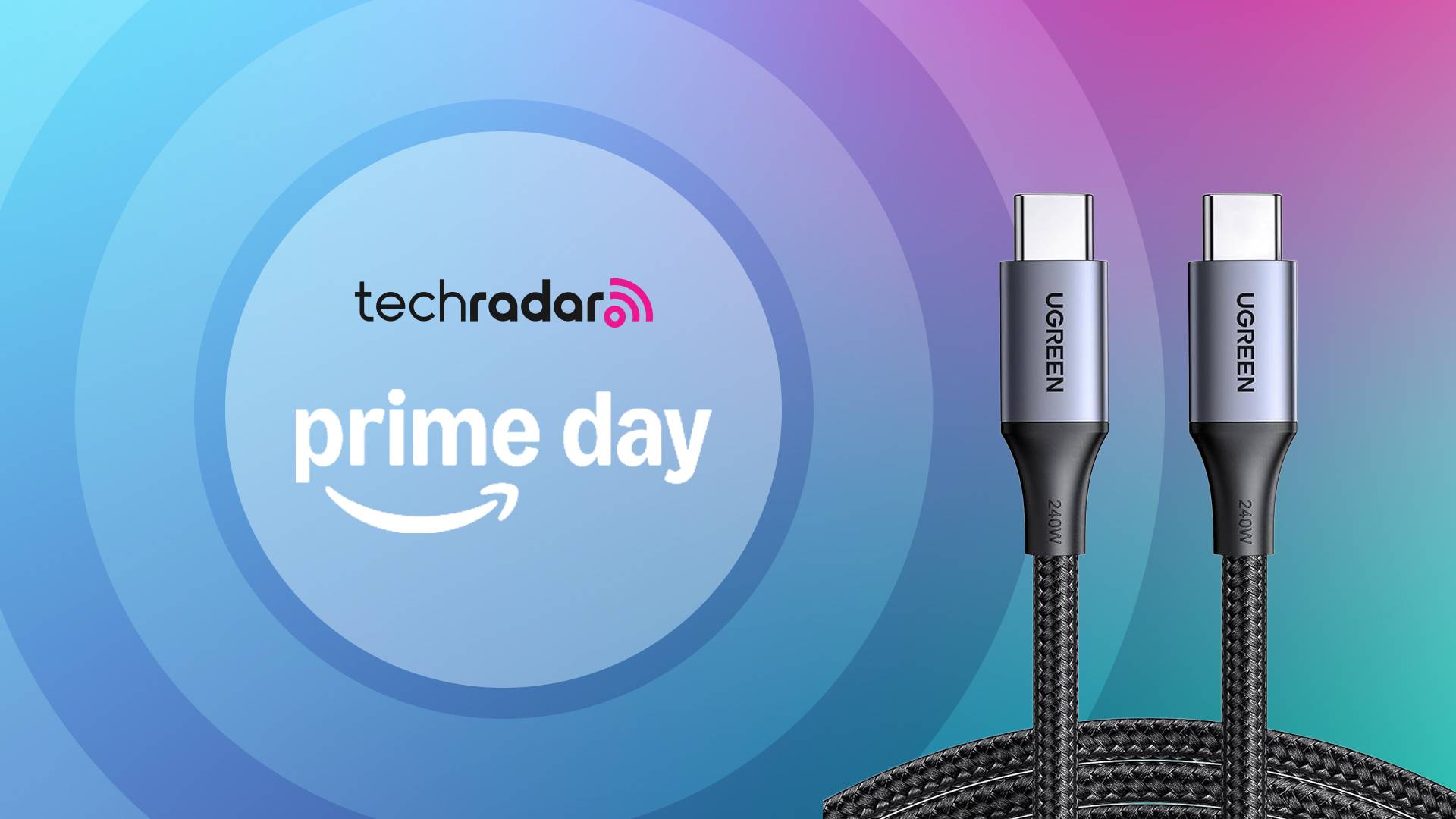 UGreen 240W USB-C Cable on multicolored background with the words &#039;TechRadar: Prime Day&#039; positioned on the left