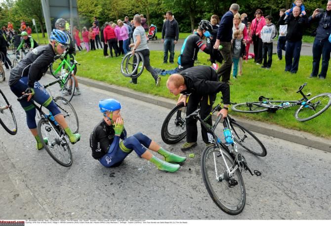 Orica-GreenEdge's Cam Meyer hit the ground hard