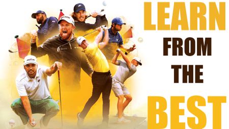 Image of Jason Day, Rory McIlroy, Shane Lowry, Bryson DeChambeau, Aaron Rai, Scottie Scheffler and Tommy Fleetwood with text reading 'learn from the best'