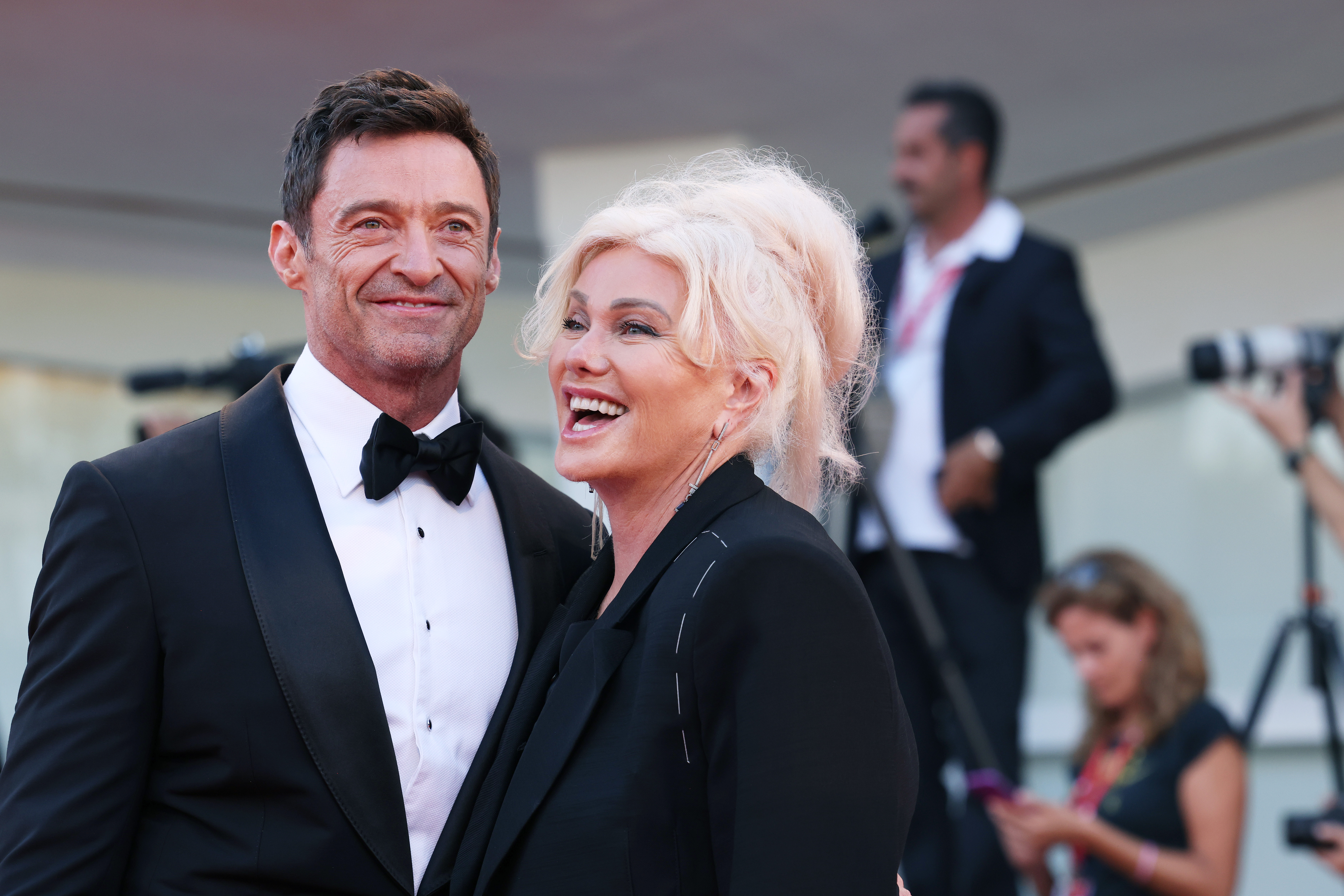 Australian actor Hugh Jackman and his wife Australian director Deborra-Lee Furness attend "The Son" red carpet at the 79th Venice International Film Festival on September 07, 2022 in Venice, Italy.