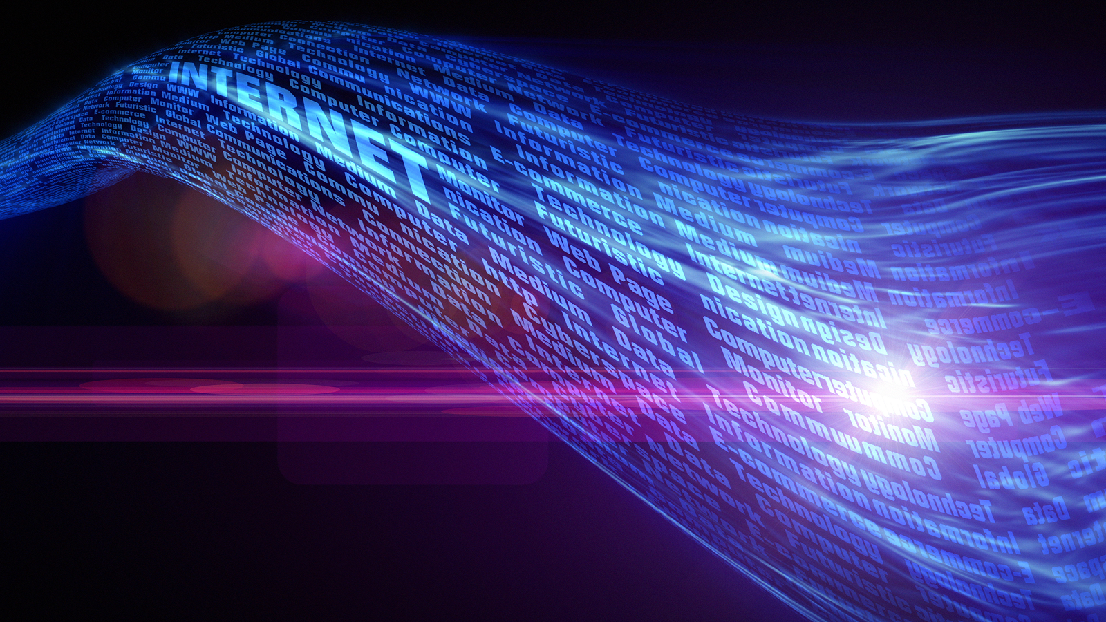 Conceptual image of the internet with a glowing wave of many words flowing over a black background.