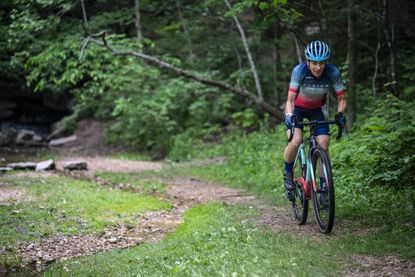 Lea Davison in her custom Garneau kit and Allied gravel bike