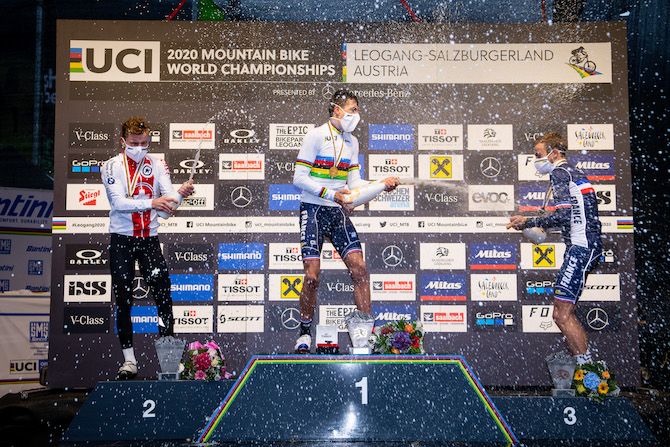 The elite men&rsquo;s final podium (l to r): Mathias Flueckiger, Jordan Sarrou, Titouan Carod