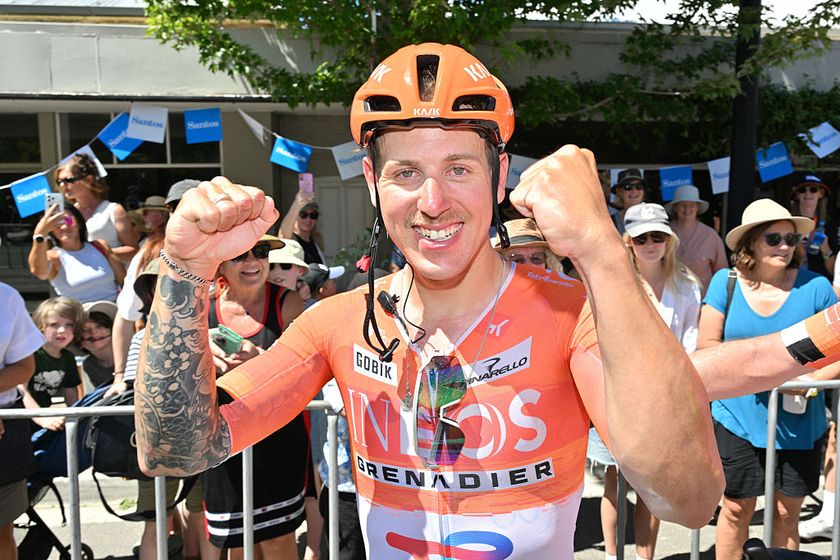 EDITORS NOTE: Graphic content / Ineos Grenadiers rider Sam Welsford from Australia celebrates winning stage three of the Tour Down Under UCI Men's Cycling race in Adelaide on January 23, 2026. (Photo by Brenton Edwards / AFP) / - IMAGE RESTRICTED TO EDITORIAL USE - STRICTLY NO COMMERCIAL USE -