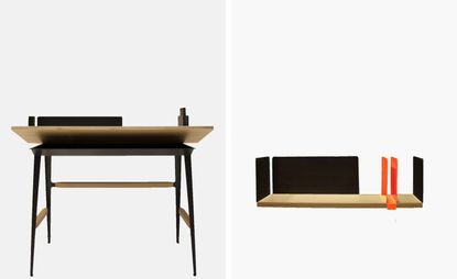 LEFT: office desk with four legs in black and wood, photographed against a white background; RIGHT: legless portable office table with orange and black details, photographed against a white background