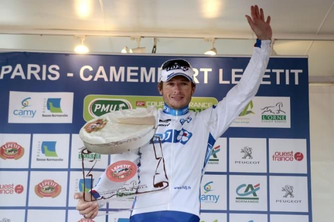 Pierrick F&eacute;drigo (FDJ) on the podium with his Paris-Camembert winner's trophy