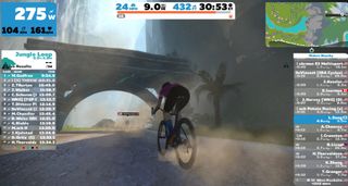 An avatar riding on Zwift's virtual roads