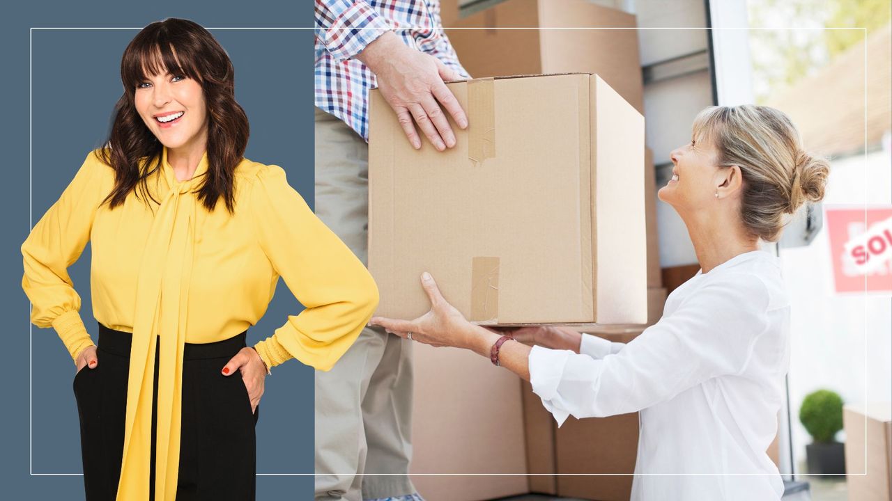 Anna Richardson smiles in front of a photo of a couple loading a moving van with boxes