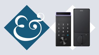 eufy FamiLock E34 smart lock on tile background next to Homes & Gardens '&' logo.