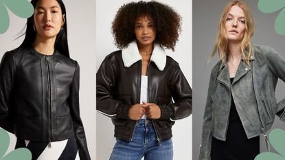 composite image of three models wearing some of the best leather jackets