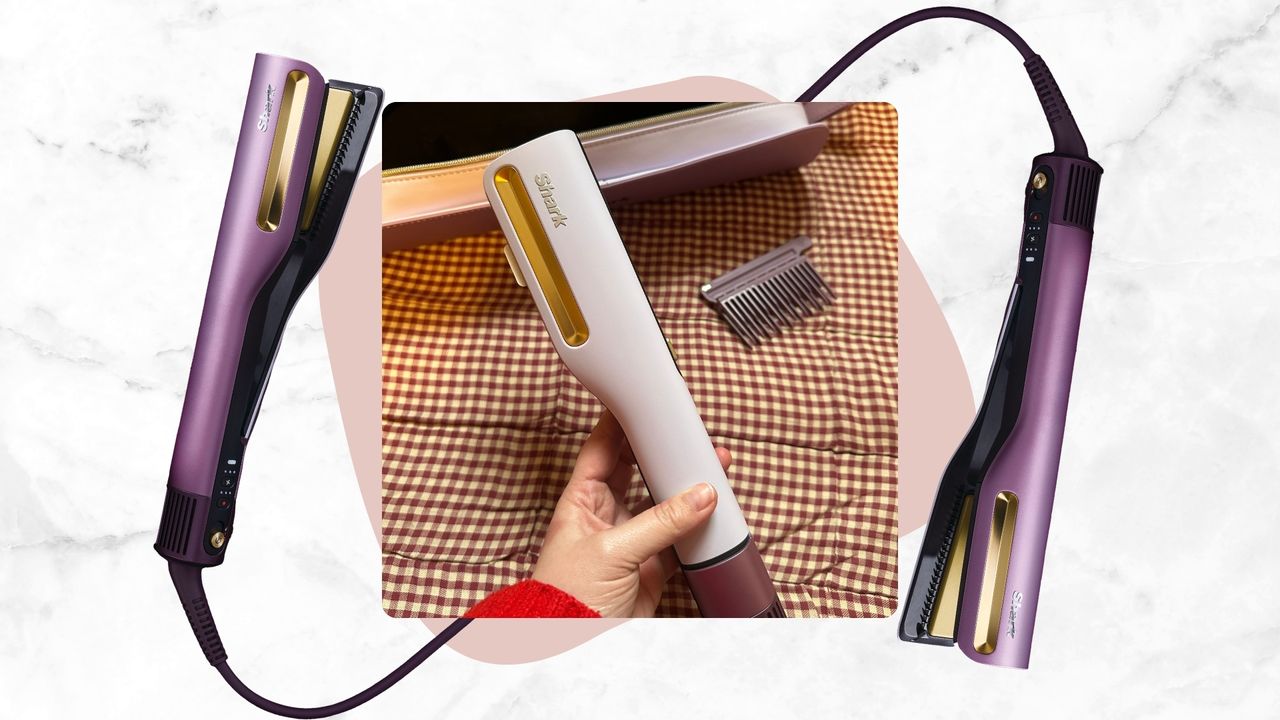 In the middle is a close-up picture of Beauty Editor, Rhiannon Derbyshire holding the new Shark SilkiPro Straight Air Straightener, alongside two product shots of it in the purple colourway/ on a white and grey marbled template