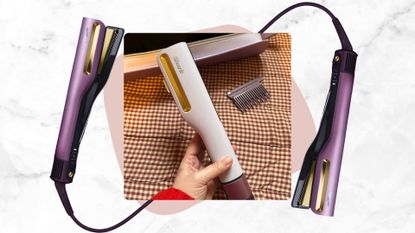 In the middle is a close-up picture of Beauty Editor, Rhiannon Derbyshire holding the new Shark SilkiPro Straight Air Straightener, alongside two product shots of it in the purple colourway/ on a white and grey marbled template