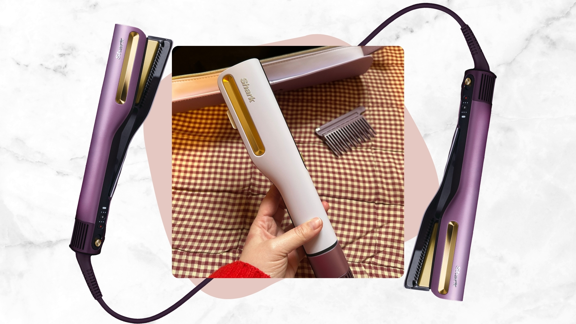 In the middle is a close-up picture of Beauty Editor, Rhiannon Derbyshire holding the new Shark SilkiPro Straight Air Straightener, alongside two product shots of it in the purple colourway/ on a white and grey marbled template