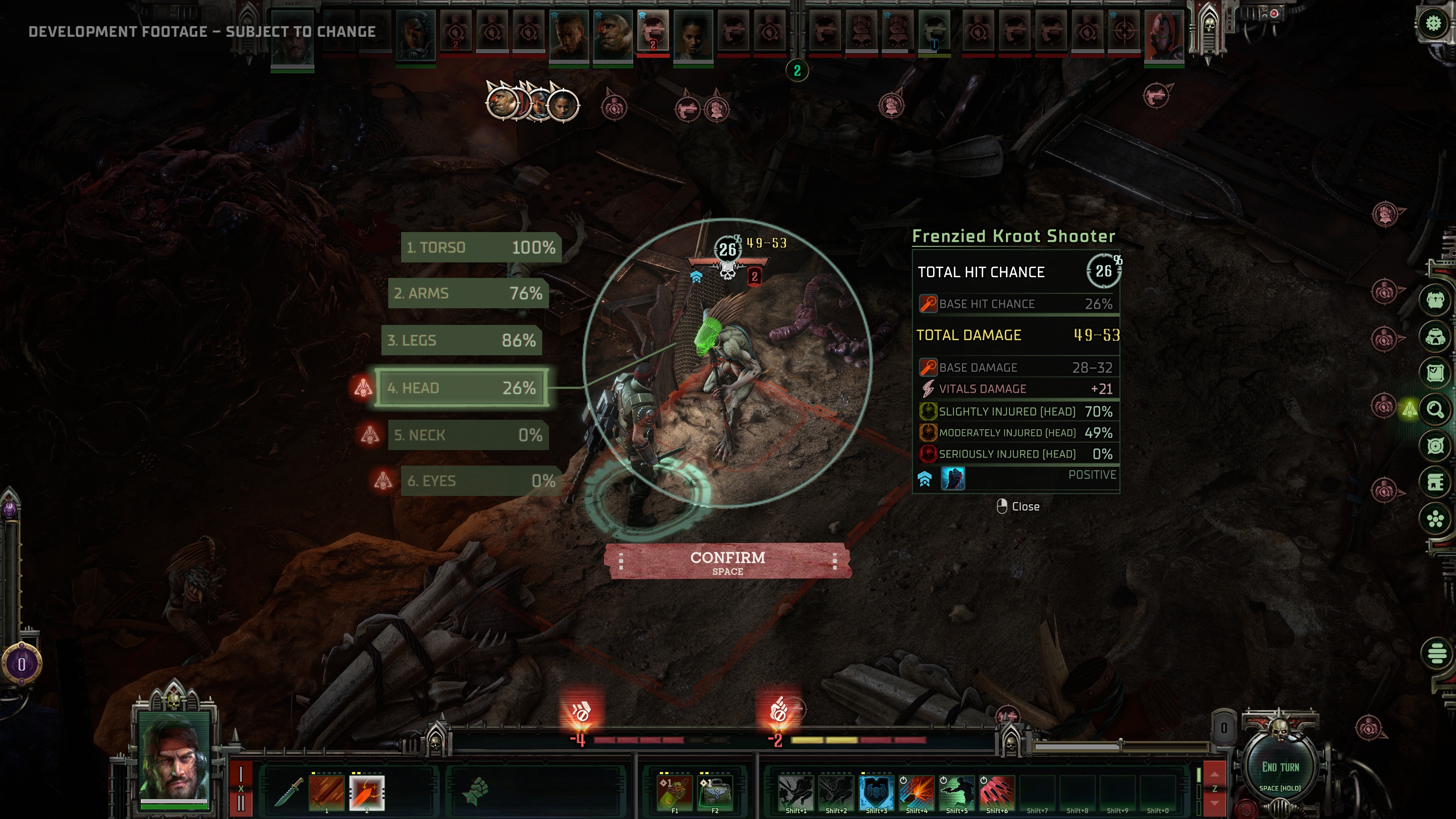 Warhammer 40K: Dark Heresy screenshot of a Frenzied Kroot shooter, with the UI showing the different limbs on the creature