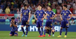 Japan players show dejection after their defeat through the penalty shoo during the FIFA World Cup Qatar 2022 Round of 16 match between Japan and Croatia at Al Janoub Stadium on December 05, 2022 in Al Wakrah, Qatar.