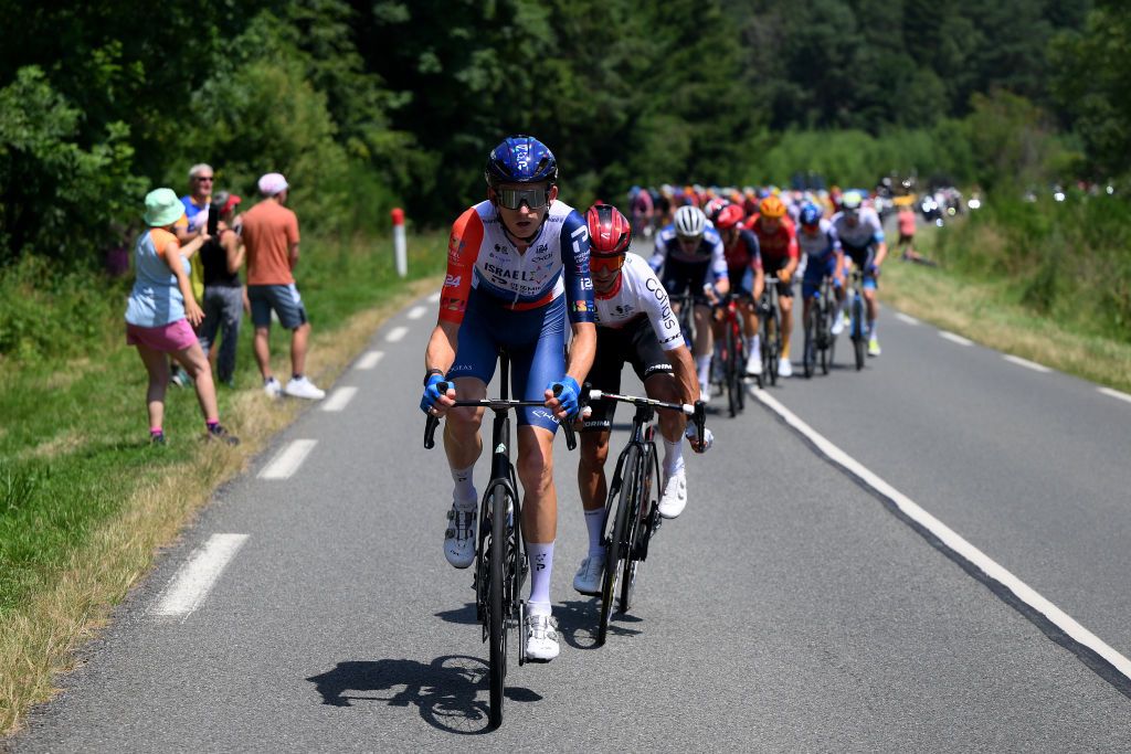 ISSOIRE FRANCE JULY 11 LR Krists Neilands of Latvia and Team IsraelPremier Tech and Bryan Coquard of France and Team Cofidis compete in the breakaway during the stage ten of the 110th Tour de France 2023 a 1672km stage from Vulcania to Issoire UCIWT on July 11 2023 in Issoire France Photo by David RamosGetty Images