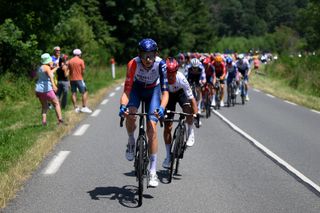 ISSOIRE FRANCE JULY 11 LR Krists Neilands of Latvia and Team IsraelPremier Tech and Bryan Coquard of France and Team Cofidis compete in the breakaway during the stage ten of the 110th Tour de France 2023 a 1672km stage from Vulcania to Issoire UCIWT on July 11 2023 in Issoire France Photo by David RamosGetty Images