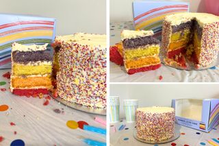 Collage of images showing the M&S Rainbow Layer Cake being cut to reveal rainbow layers