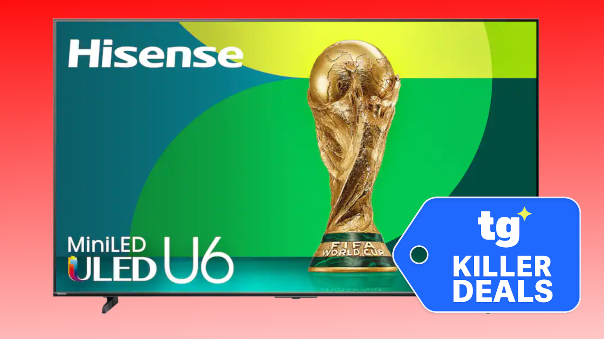 The Hisense U65QF Mini-LED TV displaying the FIFA World Cup trophy. A super-imposed badge reads: "TG Flex for Less".