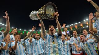 Messi and the rest of team Argentina celebrating winning the Copa America in 2021.