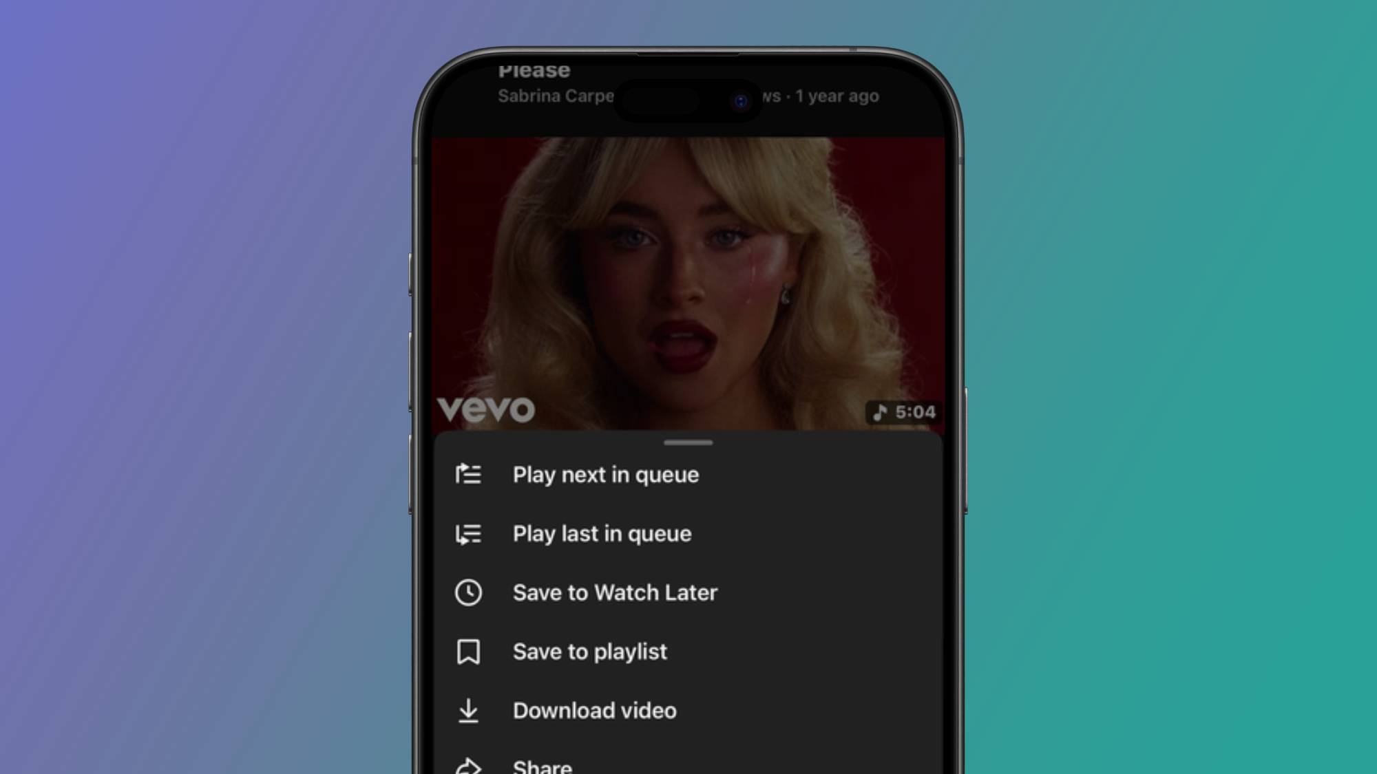 A smartphone showing the YouTube queuing options