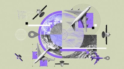Illustration of aircraft, satellites, the Earth and topography