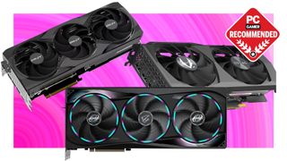 Three graphics cards on a pink background with the PC Gamer Recommended badge in the top right of the screen.