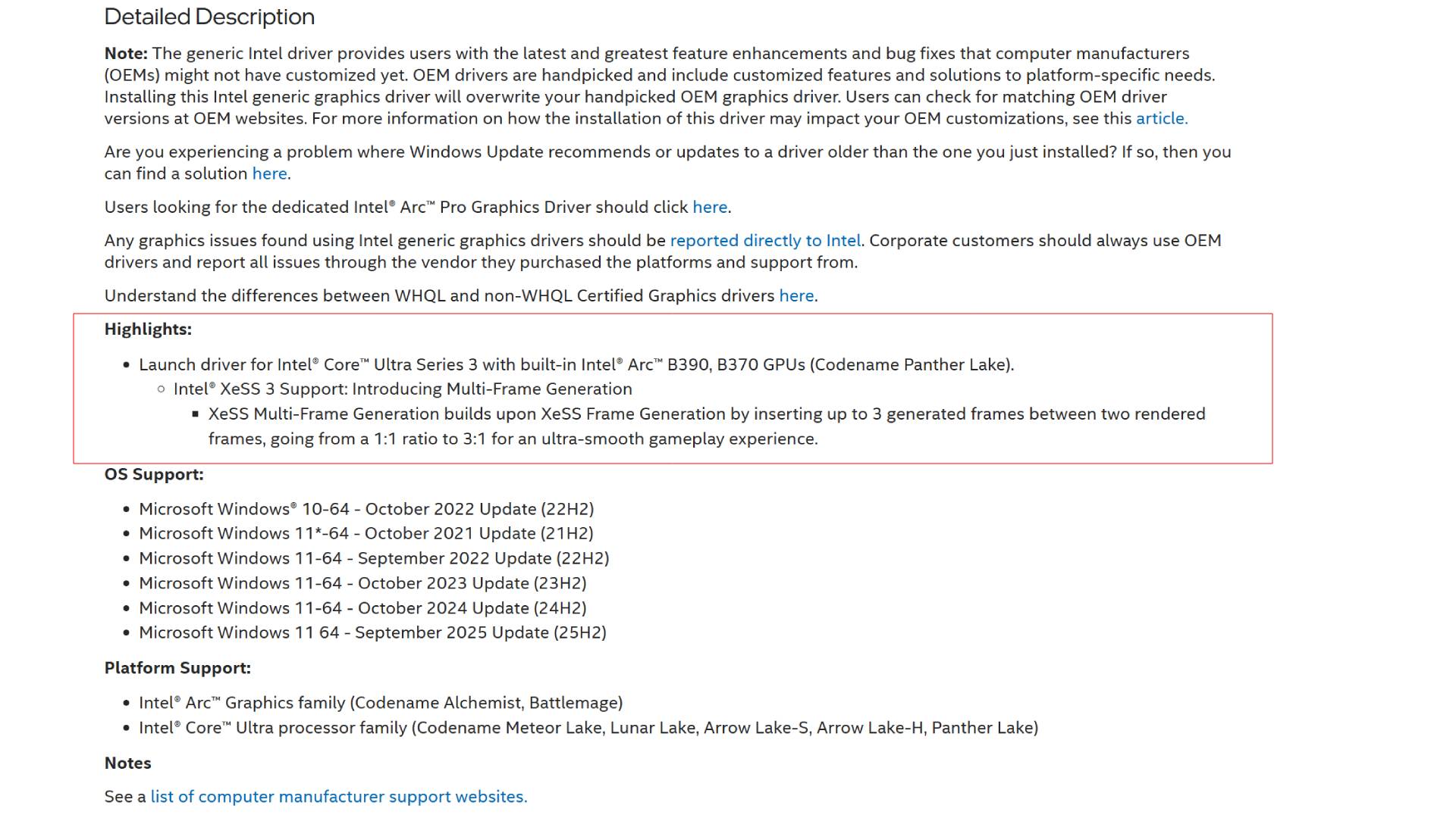 Intel Arc XeSS driver update page screenshot with red highlighted with red box that reads "Highlights:Launch driver for Intel&amp;reg; Core&amp;trade; Ultra Series 3 with built-in Intel&amp;reg; Arc&amp;trade; B390, B370 GPUs (Codename Panther Lake).Intel&amp;reg; XeSS 3 Support: Introducing Multi-Frame Generation XeSS Multi-Frame Generation builds upon XeSS Frame Generation by inserting up to 3 generated frames between two rendered frames, going from a 1:1 ratio to 3:1 for an ultra-smooth gameplay experience."