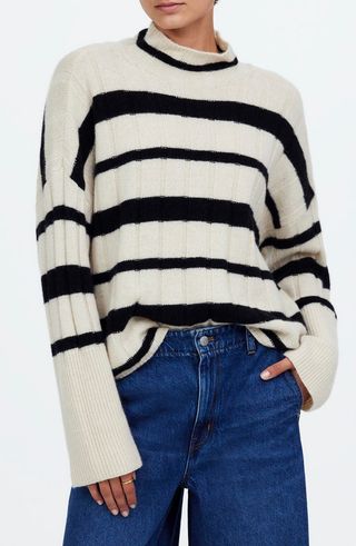 Stripe Rib Cashmere & Wool Blend Funnel Neck Sweater