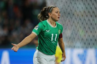 Katie McCabe of Republic of Ireland celebrates after scoring her team's first goal during the FIFA Women's World Cup Australia & New Zealand 2023 Group B match between Canada and Ireland at Perth Rectangular Stadium on July 26, 2023 in Perth / Boorloo, Australia