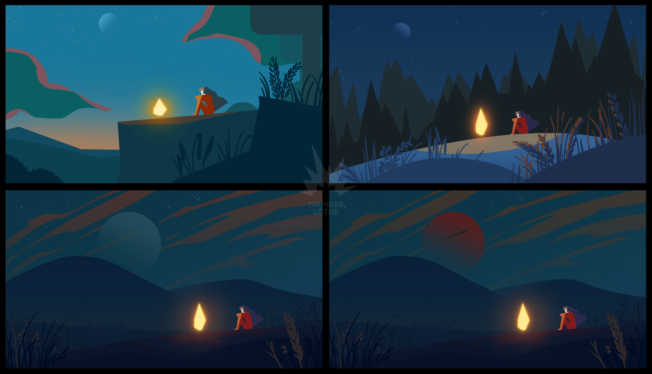 Art and screens from a cartoon like indie game