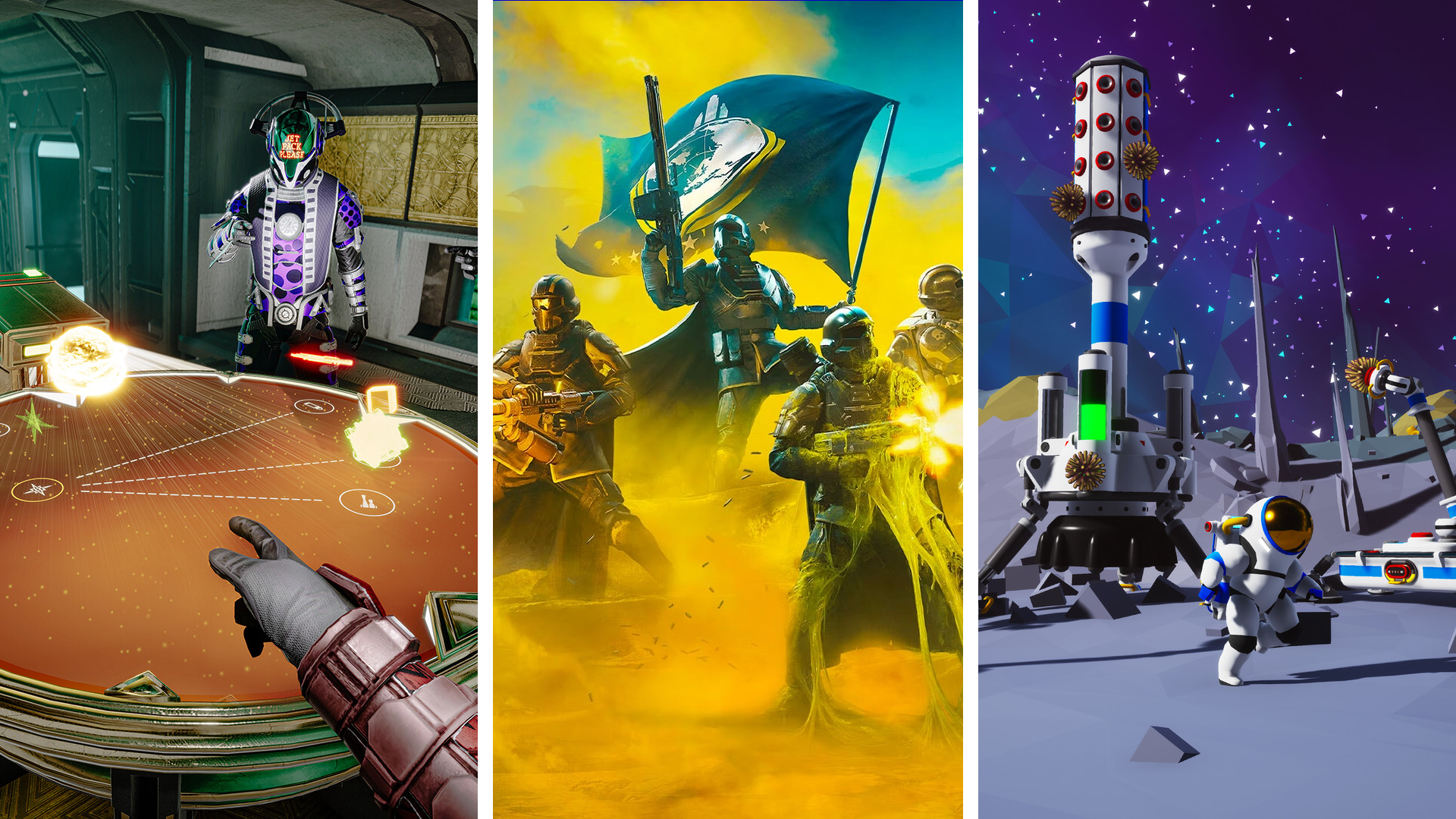 Split image showing three of the best co-op space games: Left - Void Crew, Middle - Helldivers 2, Right - Astroneer