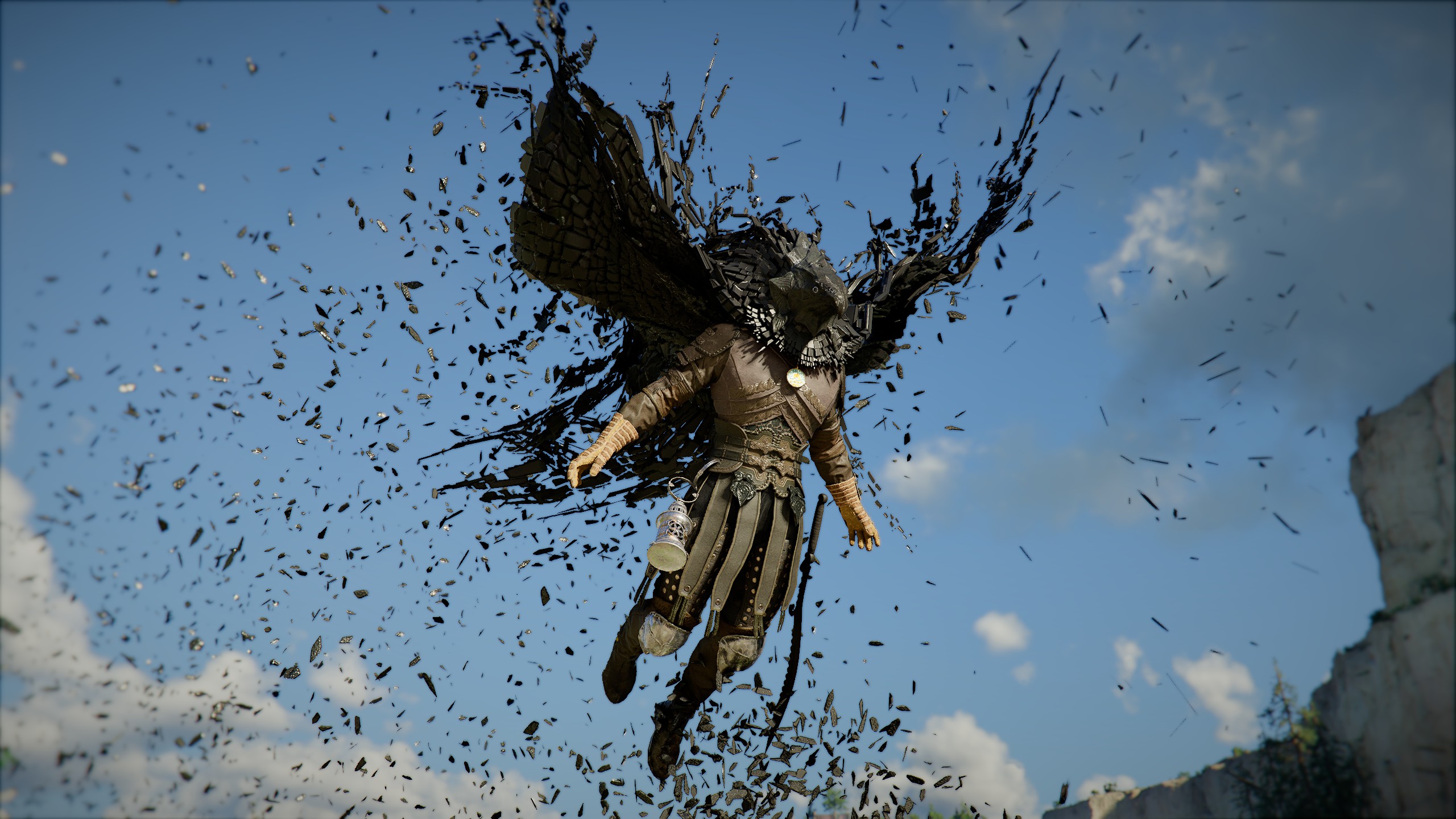 Kliff flying in the air with a hooded cape.