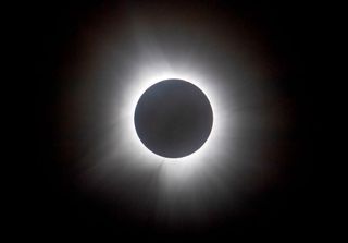 The total solar eclispe seen over Russellville, Arkansas with the solar corona on full display