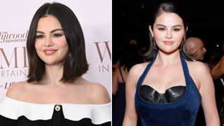 A split photo of Selena Gomez sporting the long bob haircut she debuted at the 2024 Academy Museum Gala in October.