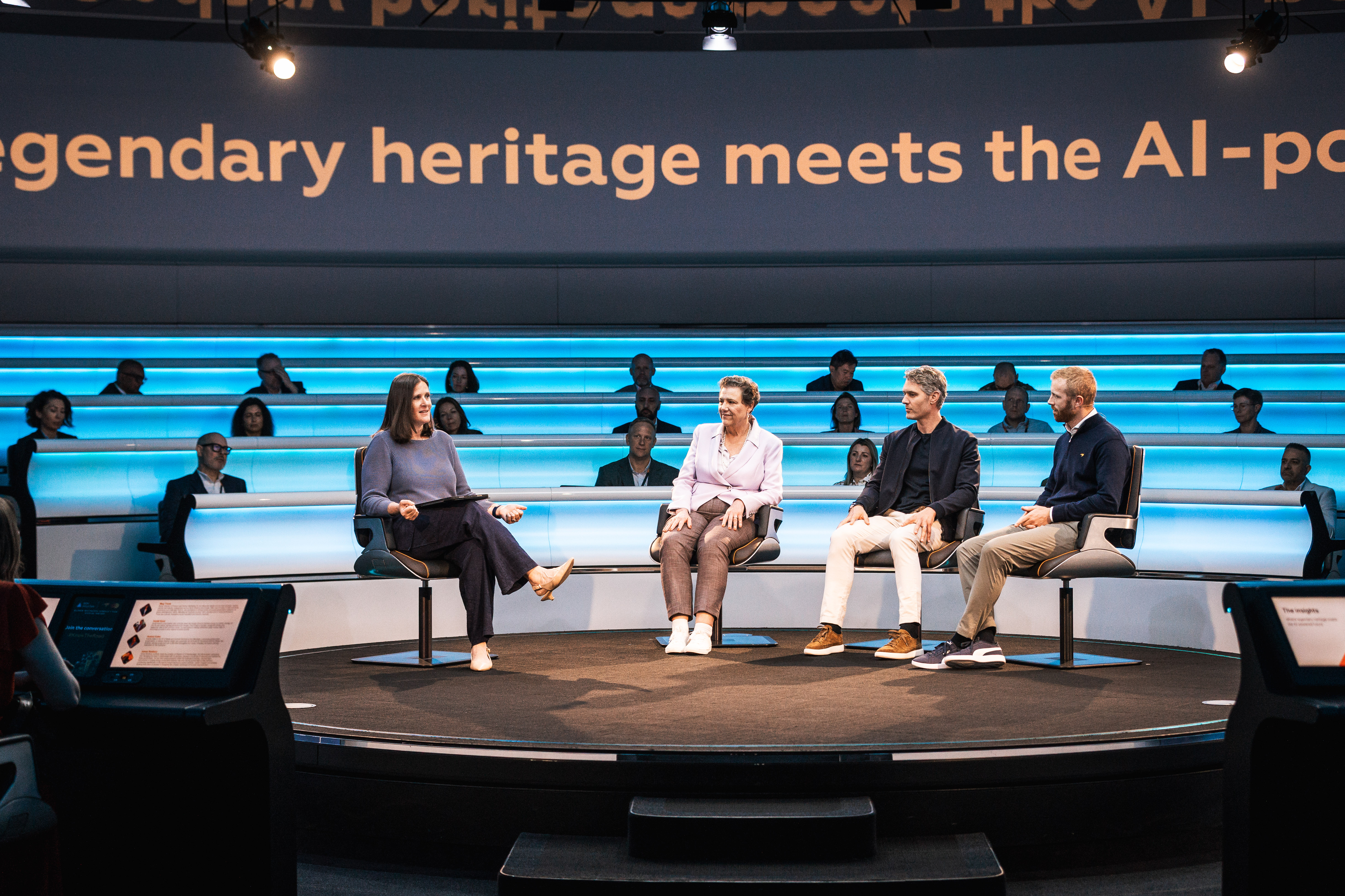 Meg Travis, Strategic Partnership Lead, Iron Mountain, alongside Daniel Rood, Google Cloud, Andrea Kalas, Iron Mountian, and James Bunbury, McLaren, at the McLaren Technology Centre in Surrey, England