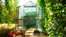 Green mesh greenhouse next to wooden chair and rake