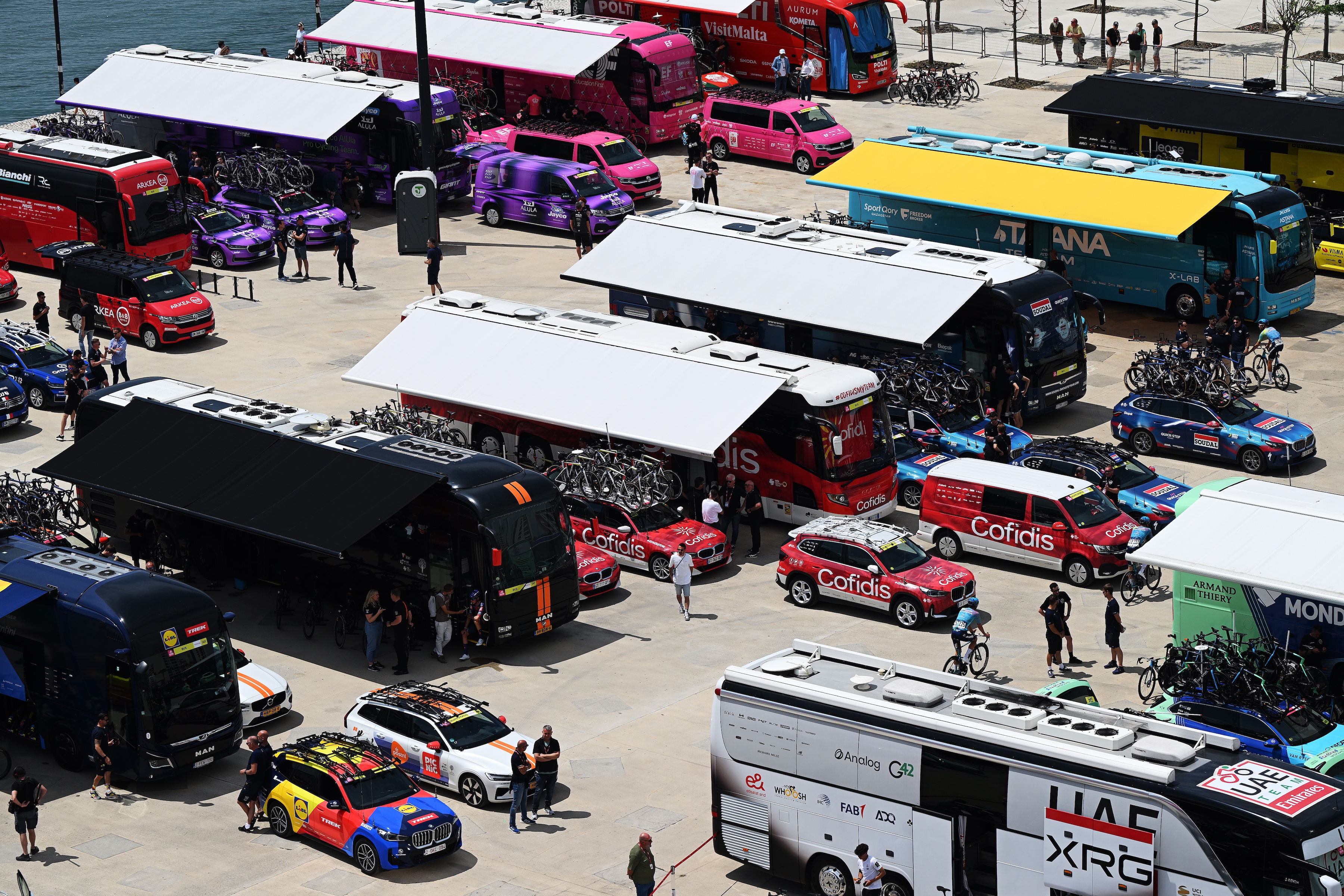 VLORE, ALBANIA - MAY 11: General view of the Team Cofidis paddock prior to the 108th Giro d'Italia 2025, Stage 3 a 160km stage from Vlore to Vlore / #UCIWT / on May 11, 2025 in Vlore, Albania. (Photo by Dario Belingheri/Getty Images)