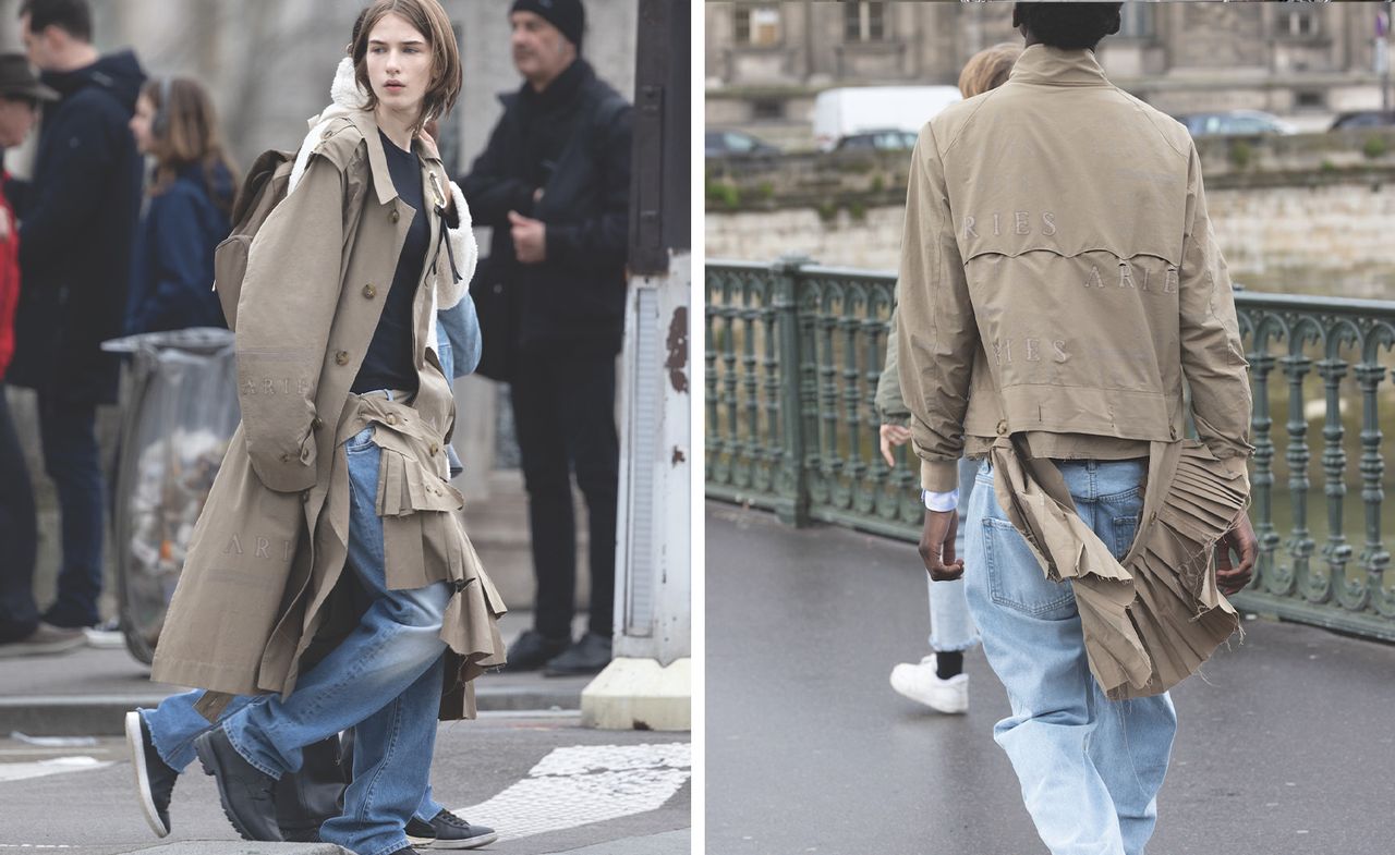 Two models wearing Aries Baracuta jackets on city street