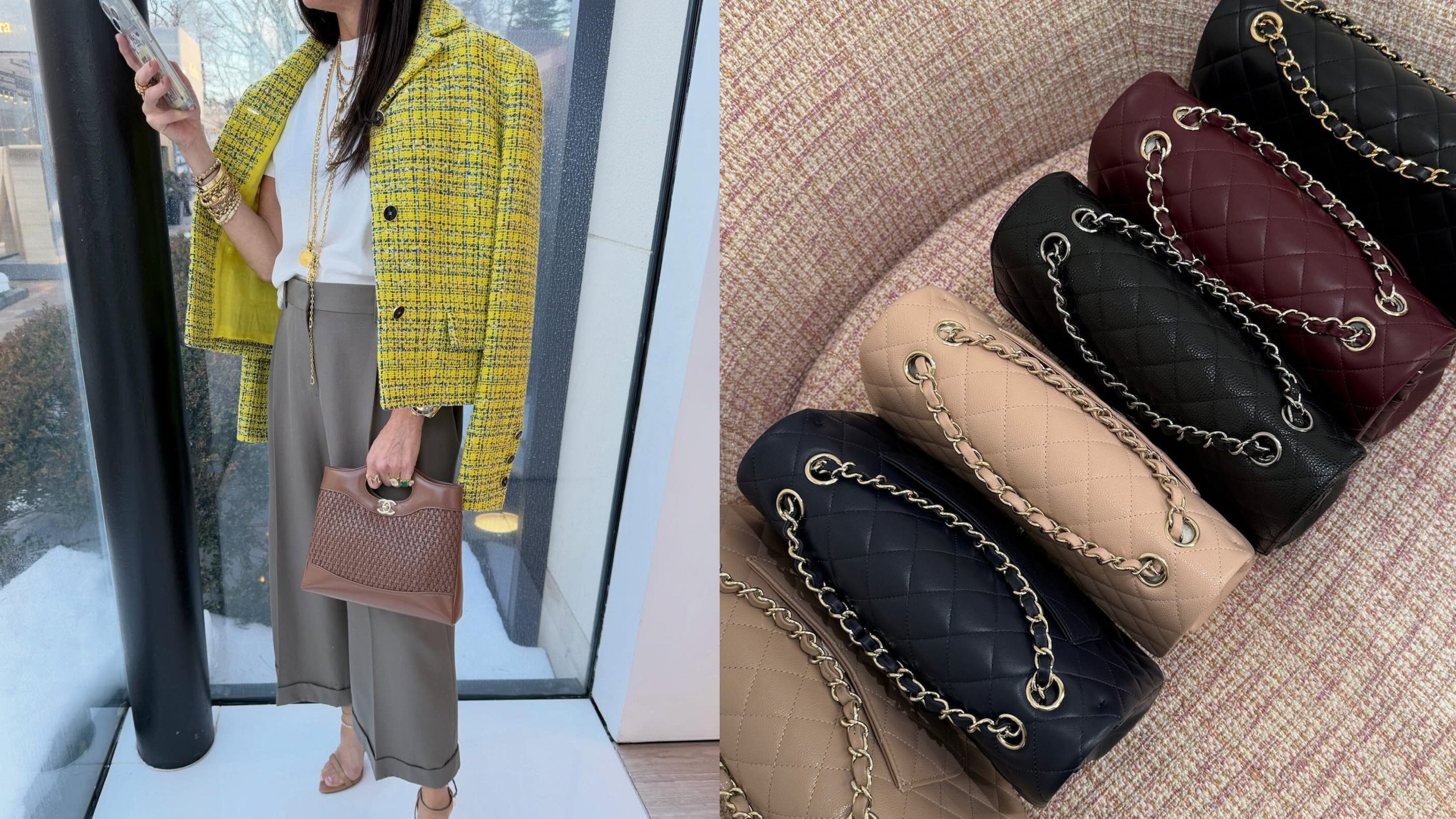 Marci Hirshleifer-Penn wearing a lime green jacket next to an image of Chanel bags