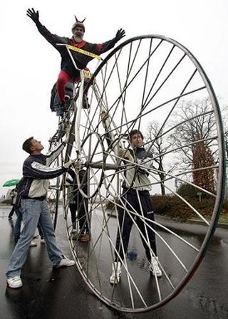 Didi 'the devil' Senft and the world's largest tandem.
