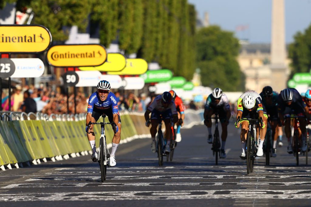 PARIS FRANCE JULY 24 Jasper Philipsen of Belgium and Team AlpecinFenix celebrates winning during the 109th Tour de France 2022 Stage 21 a 1156km stage from Paris La Dfense to Paris Champslyses TDF2022 WorldTour on July 24 2022 in Paris France Photo by Michael SteeleGetty Images
