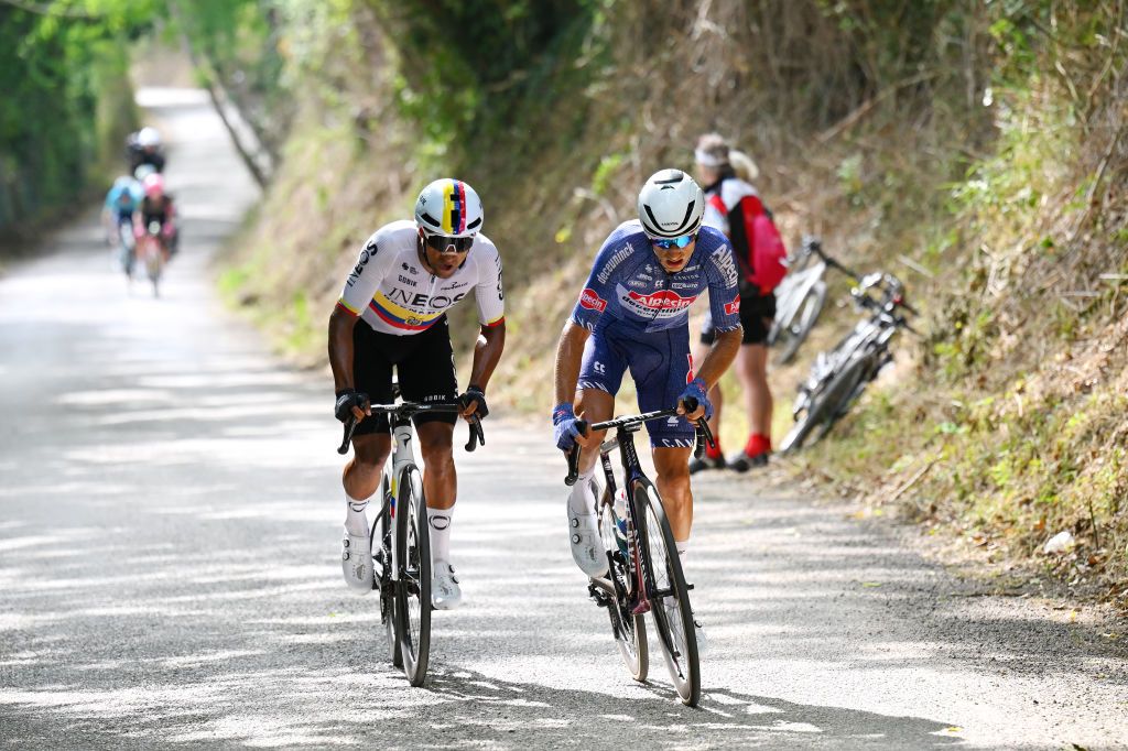 FANO ITALY MAY 16 LR Jhonatan Narvaez of Ecuador and Team INEOS Grenadiers and Quinten Hermans of Belgium and Team Alpecin Deceuninck compete in the chase group during the 107th Giro dItalia 2024 Stage 12 a 193km stage from Martinsicuro to Fano UCIWT on May 16 2024 in Fano Italy Photo by Tim de WaeleGetty Images