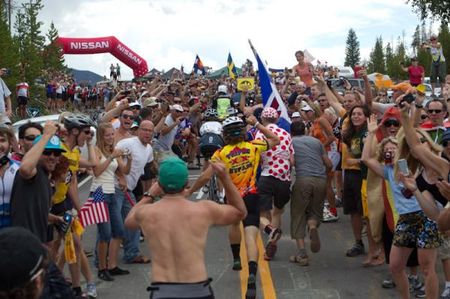 Andy Schleck makes his way through the crowds at the last KOM before dropping into Breckenridge at the USA Pro Cycling Challenge in Colorado.