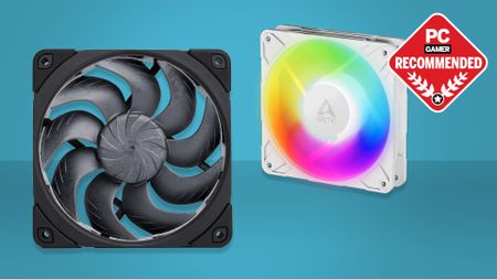 Two of the best PC fans on a blue background with the PC Gamer Recommended badge in the background.