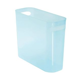 A blue plastic trash can