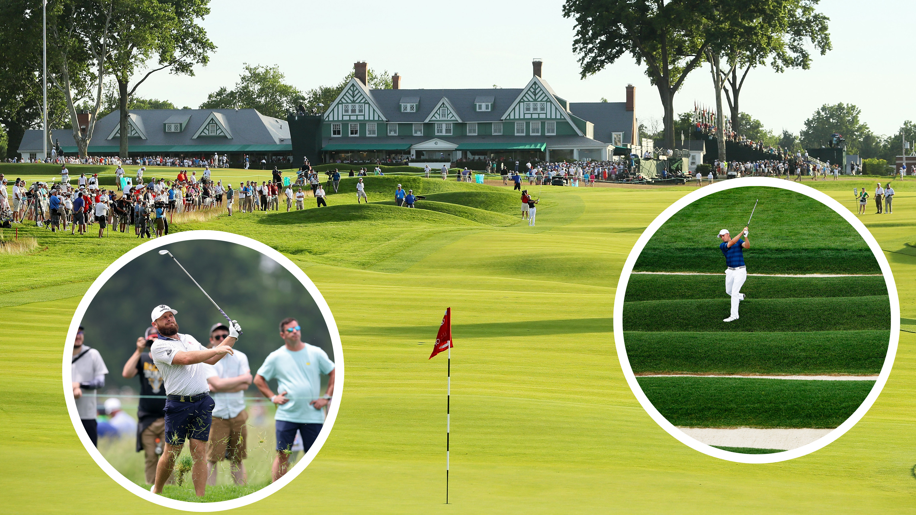 Gregory Bourdy playing an approach shot into the 10th green at the US Open in 2016, with inset images of Jordan Spieth and Tyrrell Hatton hitting golf shots on some of the hardest holes at Oakmont Country Club
