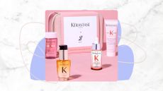 Boots X Kerastase Beauty Icons Gift Set on a white marble background with purple and pink motifs